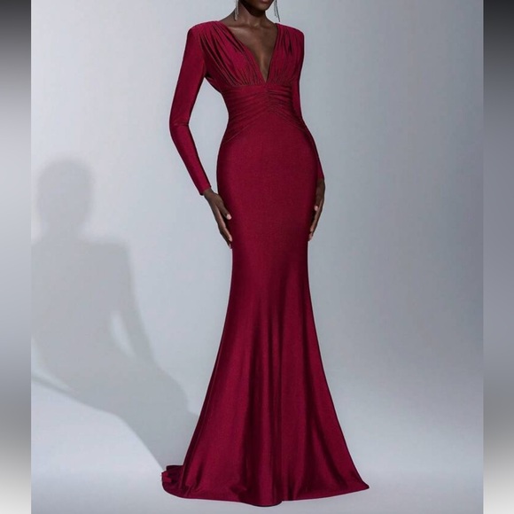 Elegant Burgundy Deep V Neck Long Sleeve StretchyDress